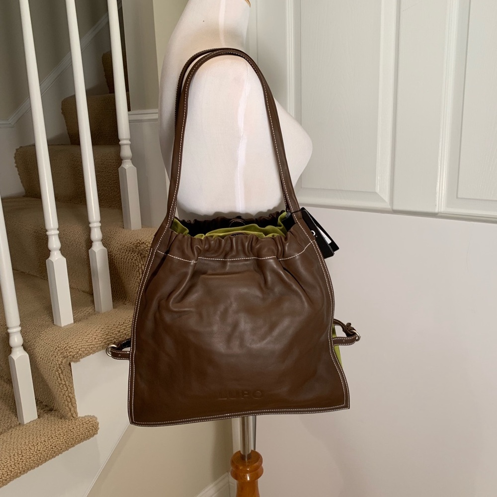 Really cool LUPO brown leather bag w green canvas